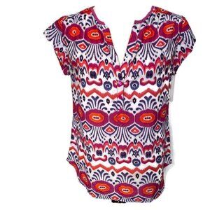 TRINA TURK TOP BLOUSE WHITE BLUE MULTI COLOR BOHO TRIBAL Size S